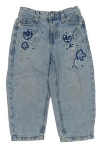 Světlemodré melírované rifle s výšivkami květů a kamínky Denim Co.