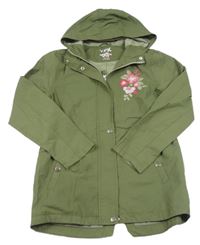 Khaki šusťáková podzimní parka s květy a kapucí Y.F.K.