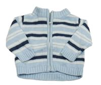 Světlemodro-bílo-tmavomodrý pruhovaný vlněný propínací svetr 