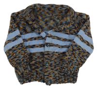 Modro-hnědo-béžový melírovaný propínací svetr s pruhy