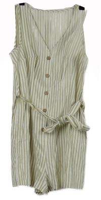 Dámský béžovo-bílý pruhovaný kraťasový overal s páskem 