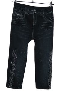 Dámské černé bezešvé capri legíny riflového vzhledu s kamínky