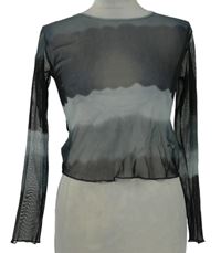 Dámské černo-šedé pruhované síťované crop triko