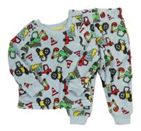 Světlemodré chlupaté pyžamo s bagry a traktory Matalan