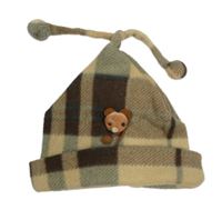 Hnědo-béžová kostkovaná fleecová čepice s medvídkem 