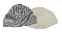 2x bavlněná čepice - šedo-černá pruhovaná + béžová