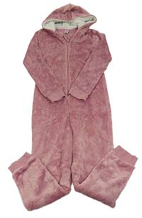 Růžová chlupatá kombinéza s jednorožci a kapucí Peacocks