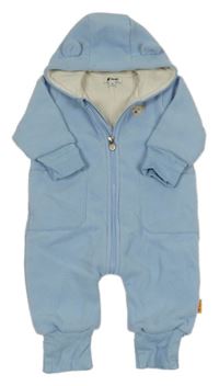 Světlemodrá fleecová podšitá kombinéza s medvídkem a kapucí 