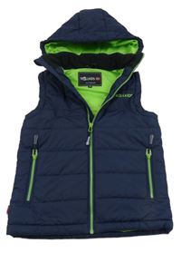 Tmavomodrá prošívaná šusťáková zateplená vesta s logem a odepínací kapucí TROLLKIDS