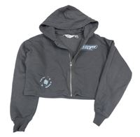 Tmavošedá propínací crop mikina s nápisem a kapucí H&M