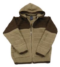 Hnědo-kávový vzorovaný žebrovaný pletený propínací svetr s kapucí 