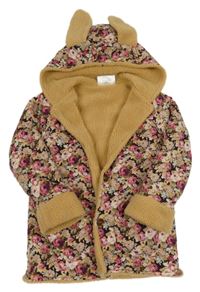Hnědo-růžový květovaný plátěný zateplený kabát s kapucí s ušima 
