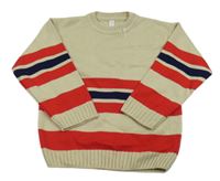 Béžovo-červeno-tmavomodrý pruhovaný svetr 