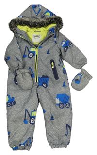 Šedá šusťáková zimní kombinéza s traktory a kapucí + rukavice F&F