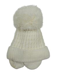 Smetanová vzorovaná pletená podšitá ušanka s bambulí