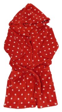 Červený chlupatý župan s puntíky a kapucí 