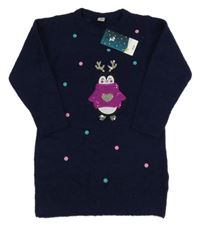 Nové - Tmavomodrý dlouhý svetr s tučňákem Tu