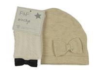 Nové - 2set - Béžová úpletová čepice s mašlí + smetanové vzorované ponožky 