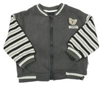 Šedo-pruhovaná propínací mikina s medvídky a úpletovými rukávy 