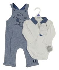 Nové - 3set - Modré laclové tepláky se zvířaty + bílé body s límečkem + ponožky Nutmeg