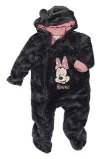 Tmavošedá plyšová podšitá kombinéza s Minnie a kapucí s oušky Disney