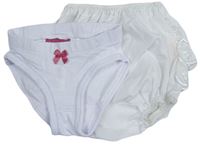 2Set - Bílé kalhotky s mašličkou impidimpi + smetanové plátěné kalhotky na plenky s volánky s madeirou