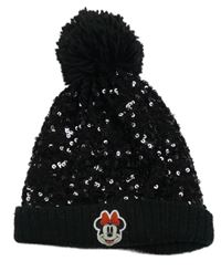 Černá tylovo/pletená čepice s Minnie a flitry a bambulí Disney
