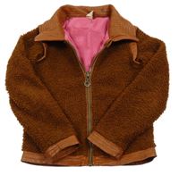 Hnědá huňatá podšitá bunda s koženkou a límečkem B.NOSY