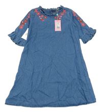 Nové - modré riflové šaty s ptáčky a květy a volánky Yumi