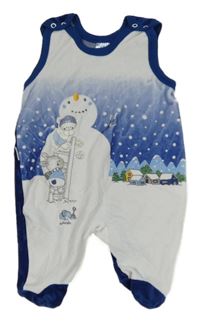 Bílo-tmavomodro-safírové sametové dupačky s medvídkem a zajíčkem a sněhuláčkem 