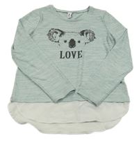 Mentolovo-bílé melírované úpletové mikinotriko s koalou s flitry a všitou halenkou YIGGA