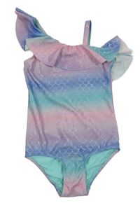 Modrofialovo-růžovo-světletyrkysové jednodílné plavky se šupinkami a volánkem H&M