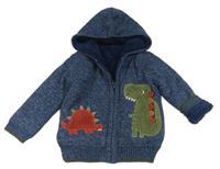 Tmavomodrý melírovaný zateplený propínací svetr s dinosaury a kapucí Nutmeg