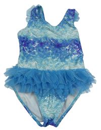 Modré vzorované jednodílné plavky s tylem - mořská panna