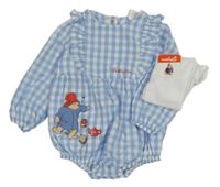 Nové - 2set - Modro-bílé kostkované body s volánky a Paddingtonem + bílé punčocháče