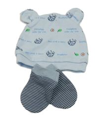 2set - Světlemodrá bavlněná čepice s ježky + pruhované rukavičky