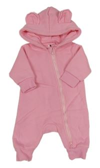 Růžová tepláková kombinéza s kapucí s oušky