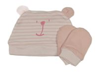 2set - Růžovo-bílá pruhovaná bavlněná čepice s medvědem + rukavičky