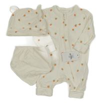 Nové - 3set - Smetanový overal s pomeranči + bavlněná čepice + slinták Primark