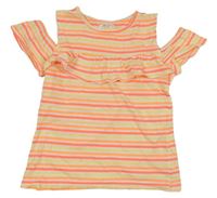 Bílo-neonově barevné pruhované tričko s volánem a průstřihy