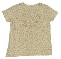 Béžové tričko s leopardím vzorem a kočkou zn. H&M