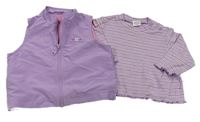 2 set - Fialová šusťáková podšitá vesta s výšivkou + fialové pruhované triko 