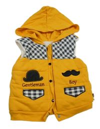 Žlutá zateplená tepláková vesta s nápisy a kapucí 