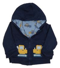 Tmavomodrá propínací oboustranná mikina s bagry a kapucí Jojo Maman Bébé