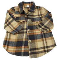 Hnědo-tmavomodrá kostkovaná košilová bunda shein