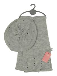 Nové - 2 set - šedá pletená šála s kamínky + baret 