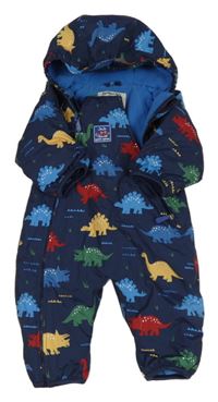Tmavomodro-barevná šusťáková zimní kombinéza s dinosaury a kapucí Jojo Maman Bébé
