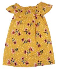 Okrové puntíkaté lehké šaty s květy Primark