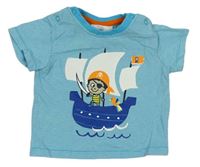 Azurovo-bílé pruhované tričko s pirátem a lodí Topomini