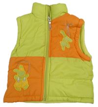 Zeleno-oranžová šusťáková zateplená vesta se zvířátky 